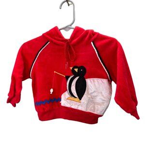 Vintage JCPenney Velour Hoodie size 1 Toddler 12 Mos Baby Penguin Fishing Red